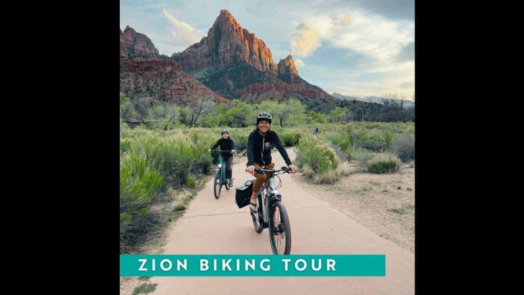 Family-Zion-biking-tour-with-mother-and-child-cycling-through-Zion-National-Park-Utah-scenic-trail