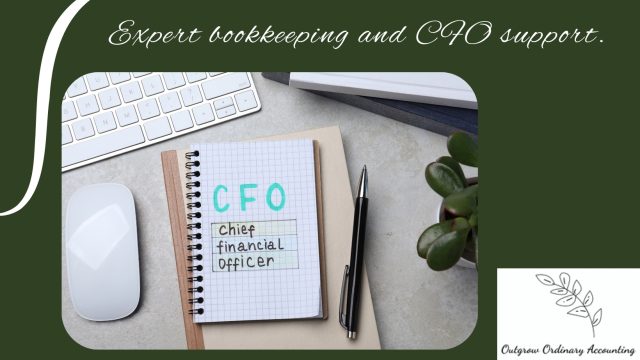 A-notebook-labeled-“CFO-Chief-Financial-Officer”-sits-on-a-desk-beside-a-keyboard,-pen,-and-plant,-representing-expert-bookkeeping-and-CFO-support-from-Outgrow-Ordinary-Accounting.