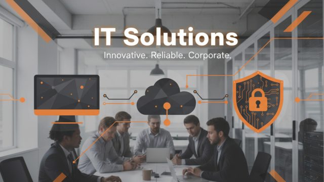 Business-team-meeting-in-a-modern-office-with-IT-icons-for-cloud,-security,-and-computers;-Frontall-USA-IT-Solutions-branding.