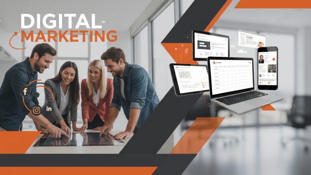 Diverse-marketing-team-collaborating-with-digital-devices-and-social-media-icons;-Frontall-USA-Digital-Marketing-branding.