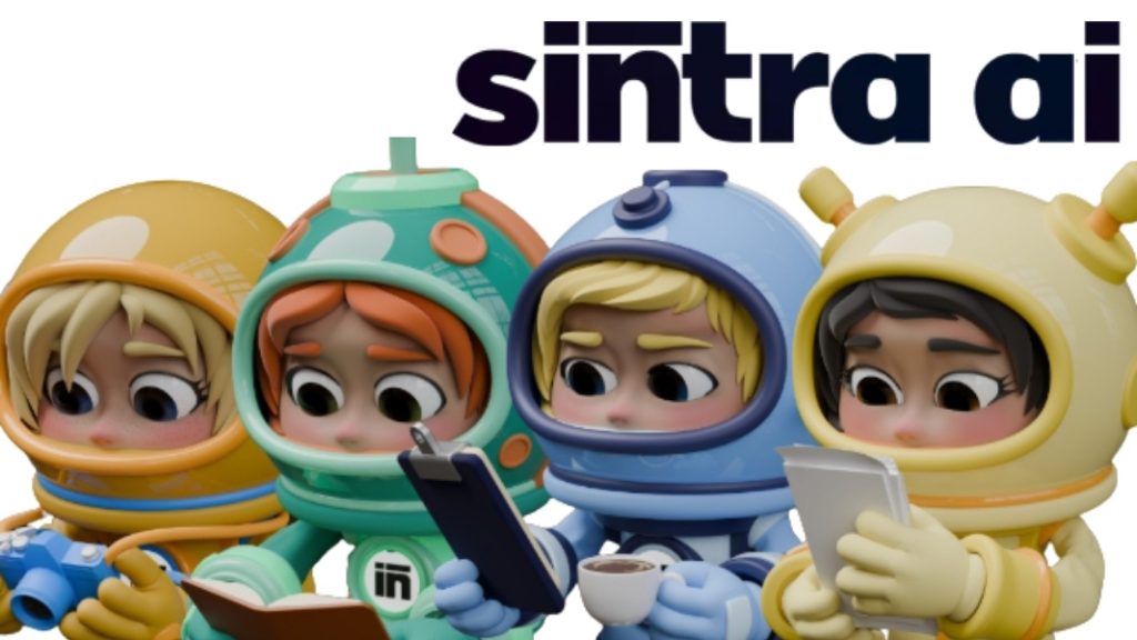 Animated-astronauts-under-Sintra-AI-logo,-symbolizing-an-AI-powered-business-team.